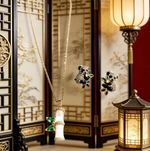 Luxury Panda & Bamboo Jewelry Set Cat's Eye Stone Necklace & Earrings